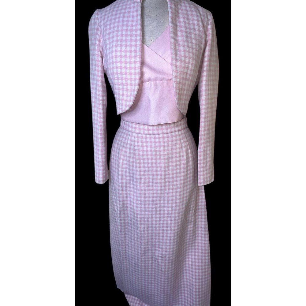 60s 3 Pc Pink Wool Suit Maxi Skirt Cropped Jacket Halter Top Houndstooth OOAK